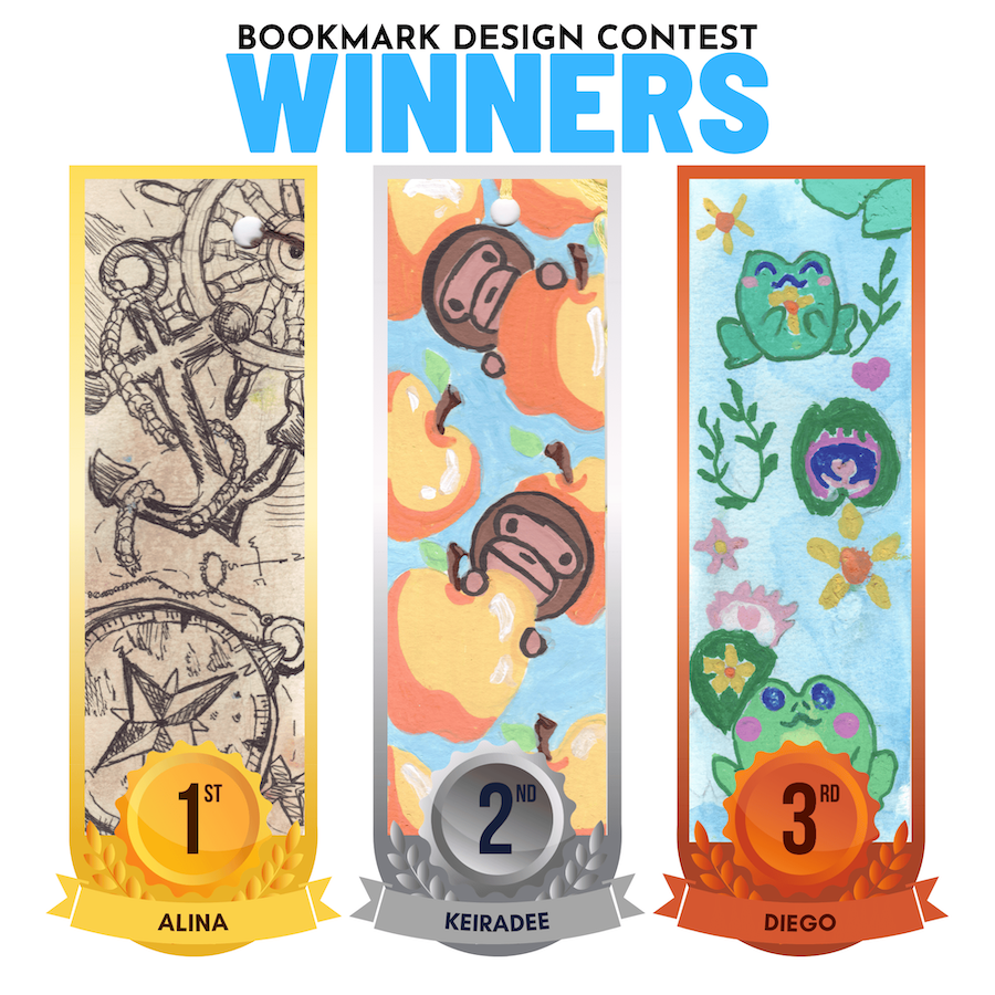 Image showing a bookmark featuring an anchor, a bookmark featuring monkeys eating fruit, and a bookmark with frogs on a blue background