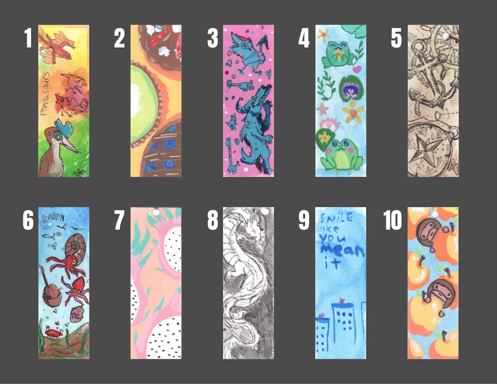 The image shows ten designs, including nautical and fruit themes, submitted to the bookmark design contest.